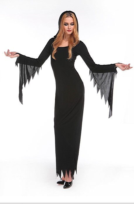 F66175 Black Hooded Robe Witch Costume